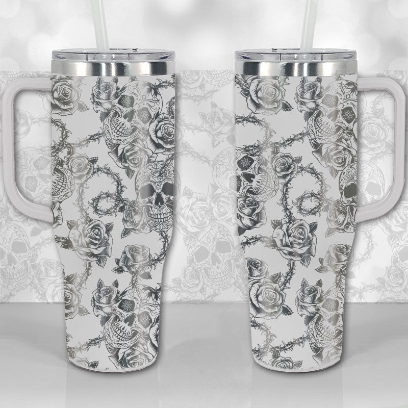 40 oz Tumbler with Handle - Sugar Skull and Roses Full Wrap Pattern