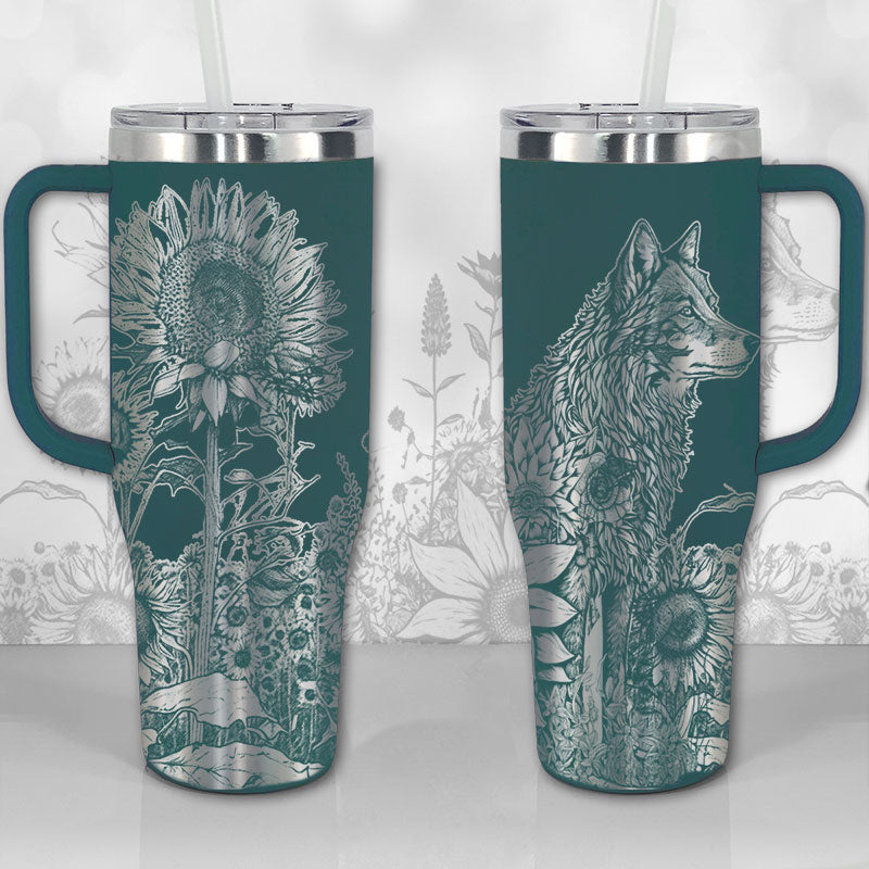 40 oz Tumbler with Handle - Wolf and Sunflowers