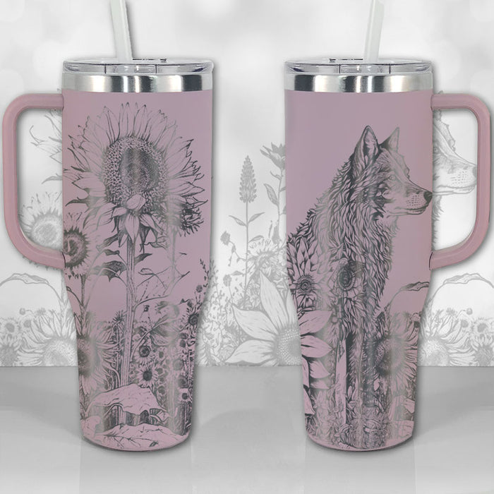 40 oz Tumbler with Handle - Wolf and Sunflowers