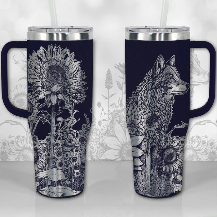 40 oz Tumbler with Handle - Wolf and Sunflowers