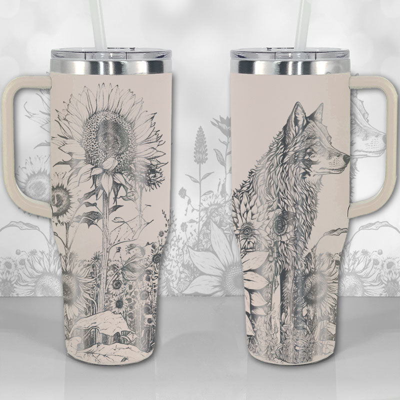 40 oz Tumbler with Handle - Wolf and Sunflowers