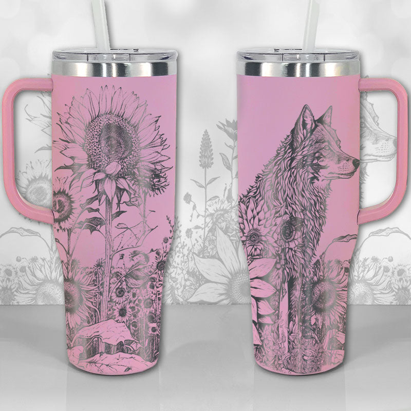40 oz Tumbler with Handle - Wolf and Sunflowers