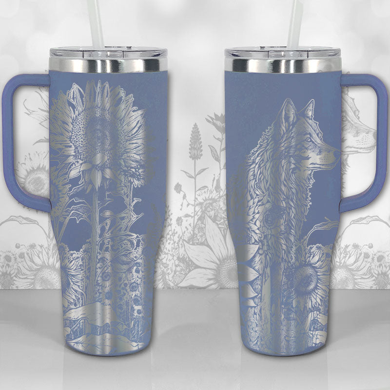40 oz Tumbler with Handle - Wolf and Sunflowers