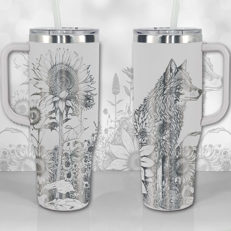 40 oz Tumbler with Handle - Wolf and Sunflowers