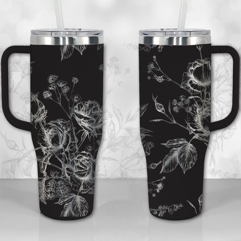 40 oz Tumbler with Handle - Wild Roses and Flowers Line Art Pattern