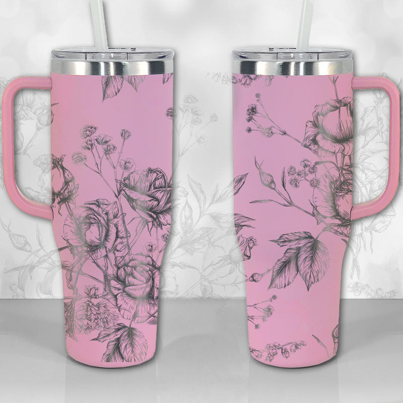 40 oz Tumbler with Handle - Wild Roses and Flowers Line Art Pattern