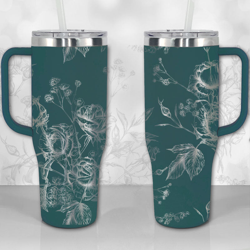 40 oz Tumbler with Handle - Wild Roses and Flowers Line Art Pattern