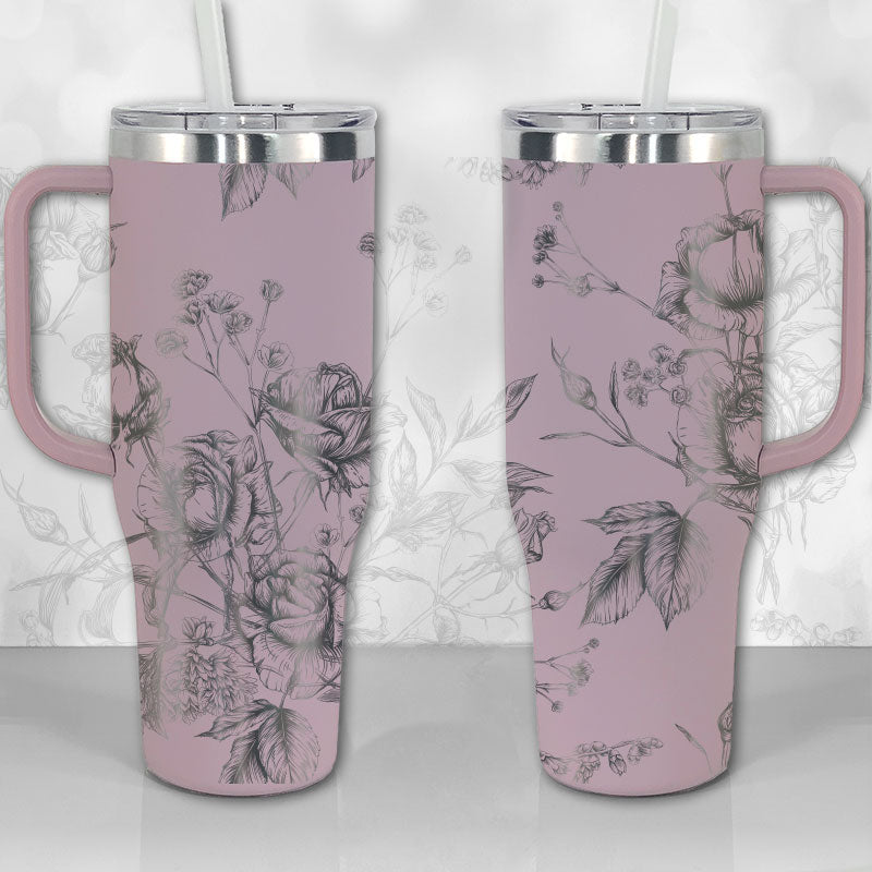 40 oz Tumbler with Handle - Wild Roses and Flowers Line Art Pattern