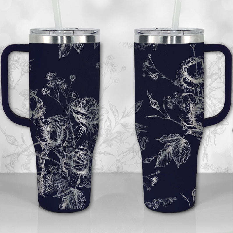 40 oz Tumbler with Handle - Wild Roses and Flowers Line Art Pattern