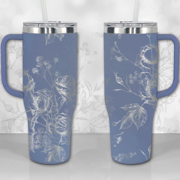 40 oz Tumbler with Handle - Wild Roses and Flowers Line Art Pattern