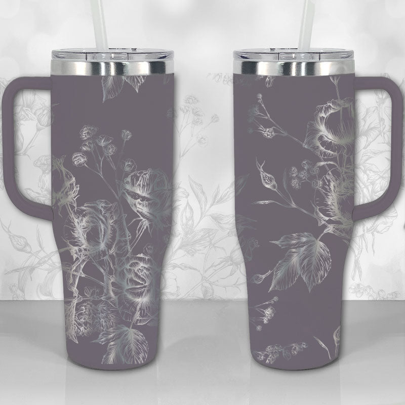 40 oz Tumbler with Handle - Wild Roses and Flowers Line Art Pattern