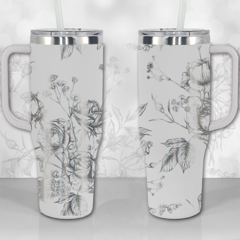 40 oz Tumbler with Handle - Wild Roses and Flowers Line Art Pattern