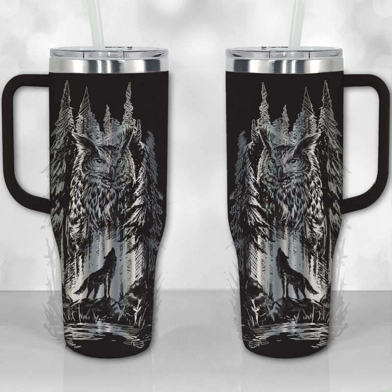 40 oz Tumbler with Handle - Lone Wolf and Great Horned Owl