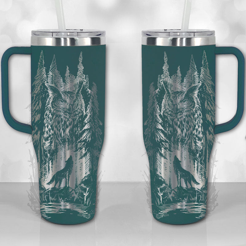 40 oz Tumbler with Handle - Lone Wolf and Great Horned Owl