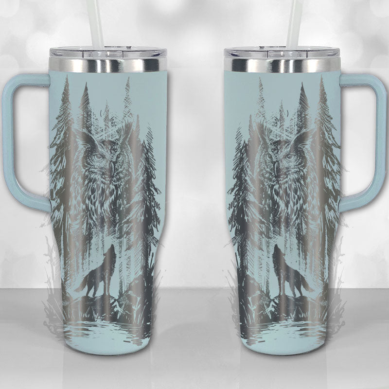40 oz Tumbler with Handle - Lone Wolf and Great Horned Owl