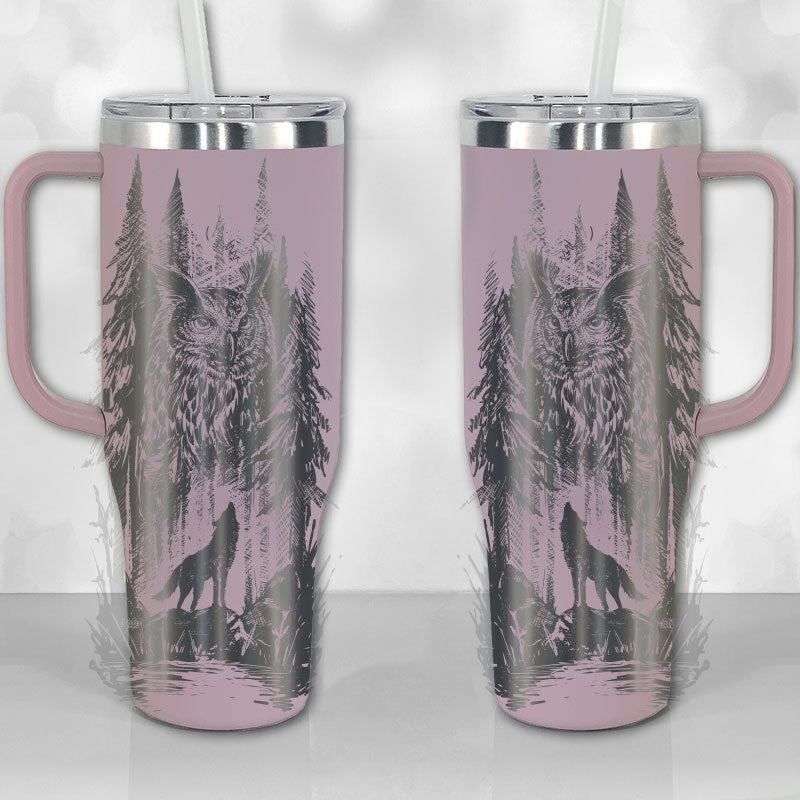 40 oz Tumbler with Handle - Lone Wolf and Great Horned Owl