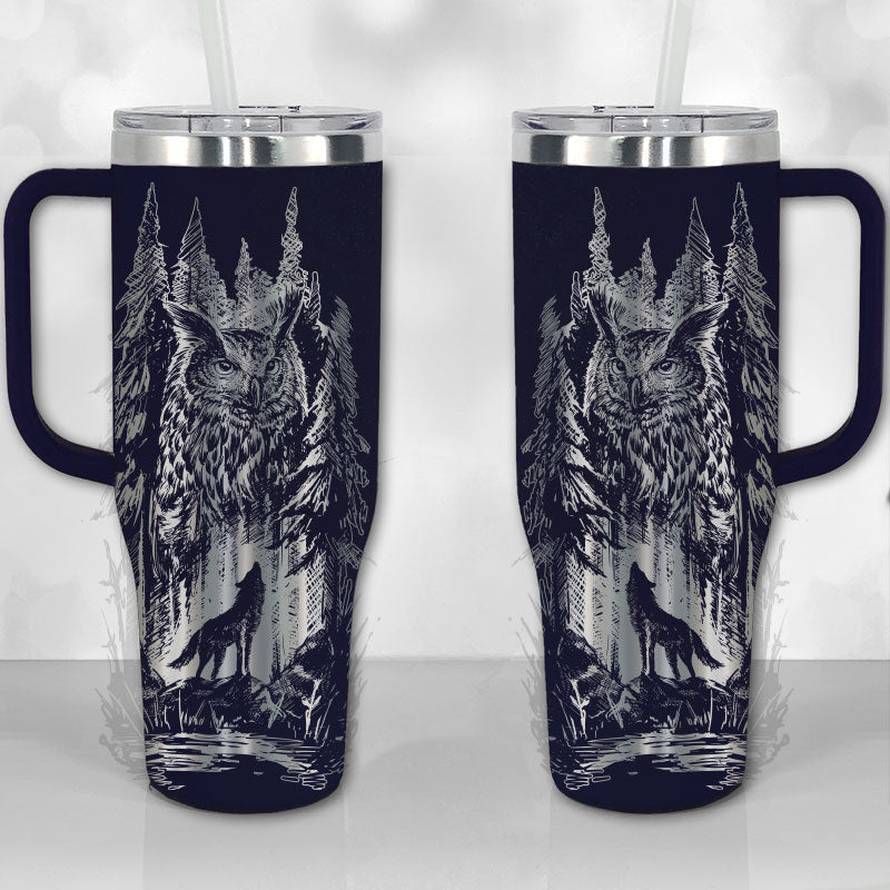 40 oz Tumbler with Handle - Lone Wolf and Great Horned Owl