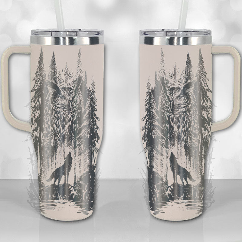 40 oz Tumbler with Handle - Lone Wolf and Great Horned Owl