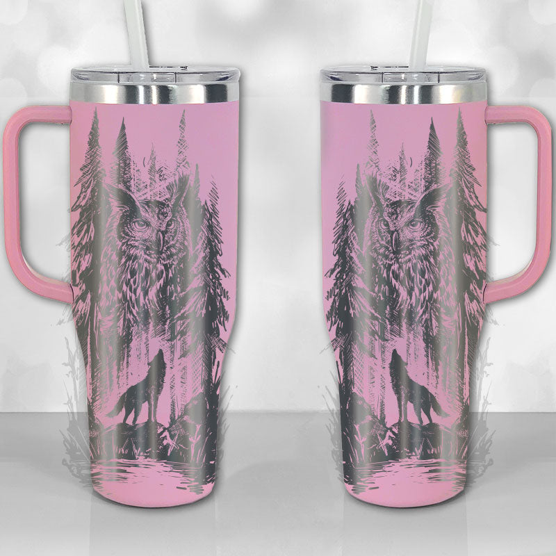 40 oz Tumbler with Handle - Lone Wolf and Great Horned Owl