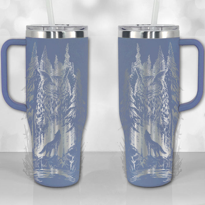 40 oz Tumbler with Handle - Lone Wolf and Great Horned Owl