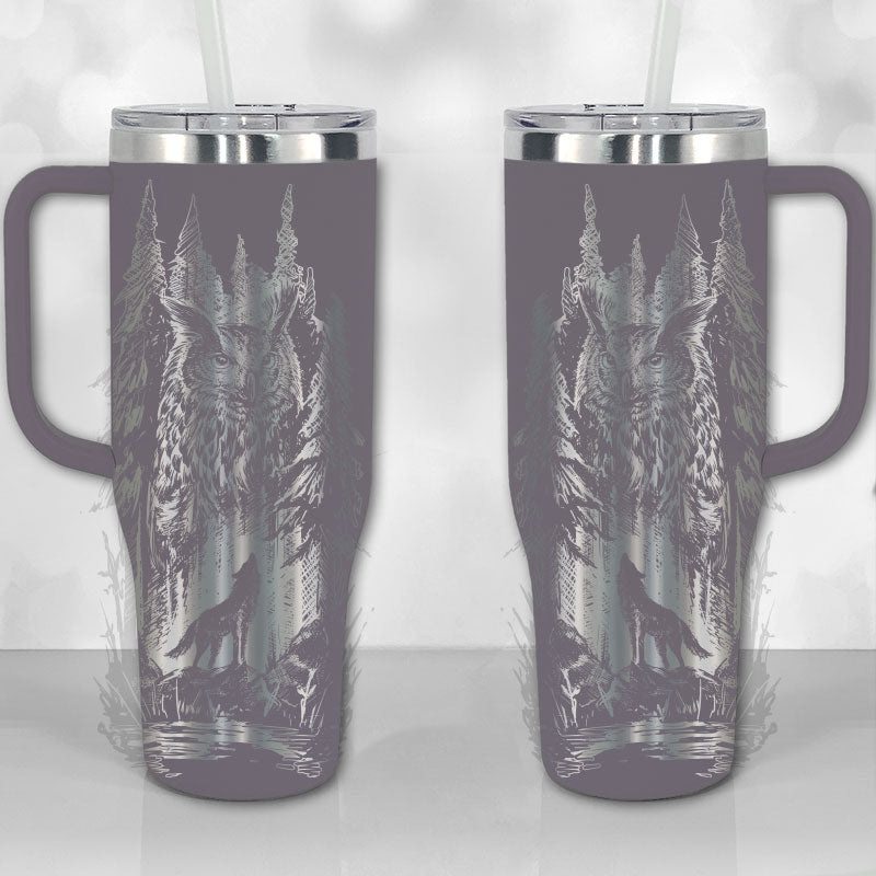 40 oz Tumbler with Handle - Lone Wolf and Great Horned Owl