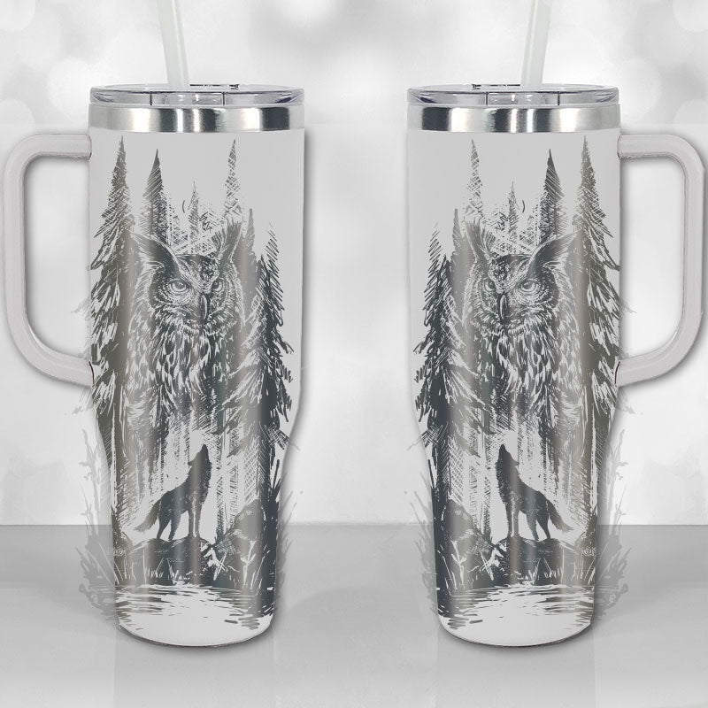 40 oz Tumbler with Handle - Lone Wolf and Great Horned Owl