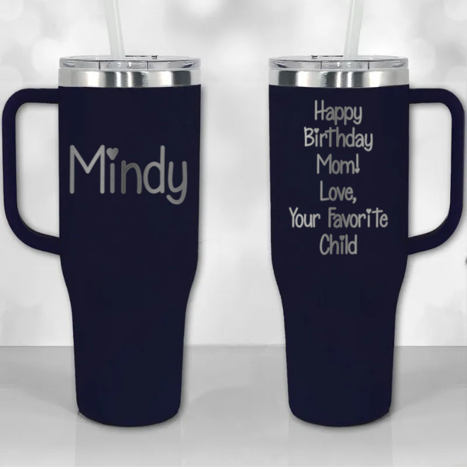 Personalized Tumbler with Handle - Custom Text - Laser Engraved Name or Monogram