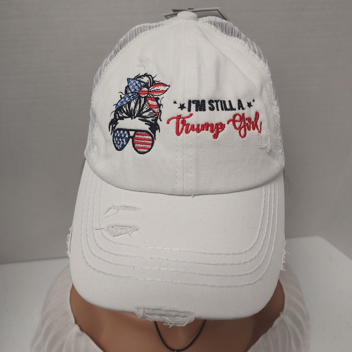 Authentic CC Beanie Ponytail Hat with I'm Still a Trump Girl Embroidery