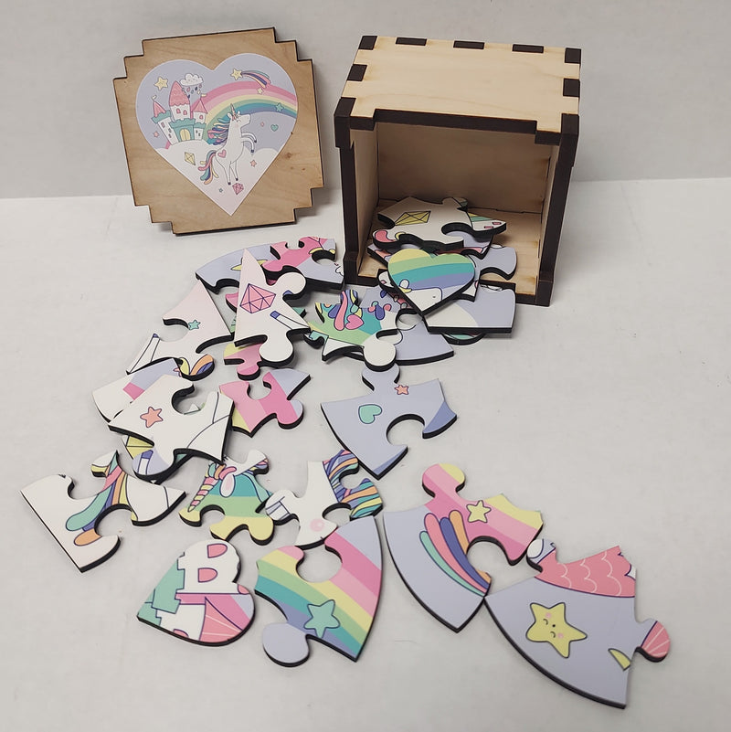 Wooden heart puzzle wood box unicorn Rainbow Kids gift present