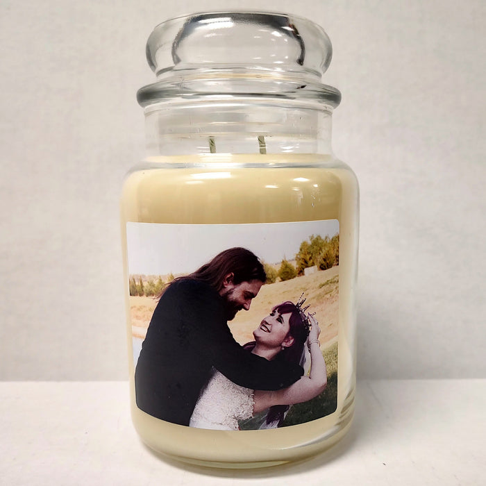 Personalized Candles - Glass Jar, Wood Lid and Metall Tin Scented Engraved Custom Label Candles