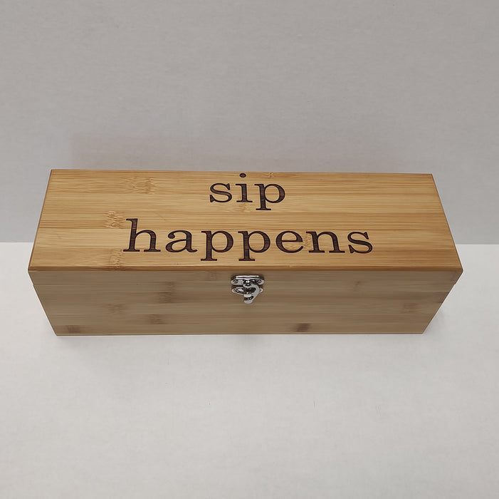 Wine Bottle Engraved Gift Box Tools Sip happens wood set gift present storage