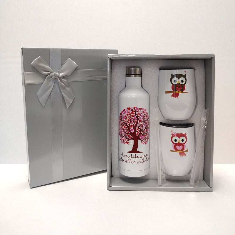 Personalized Insulated Wine Bottle and Metal Wine Glasses Wine Set Owls Valentine's day love tree boxed set gift present