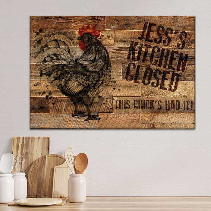 Personalized Rustic Chicken Artwork - Wood Slat Rooster Kitchen Closed on Canvas