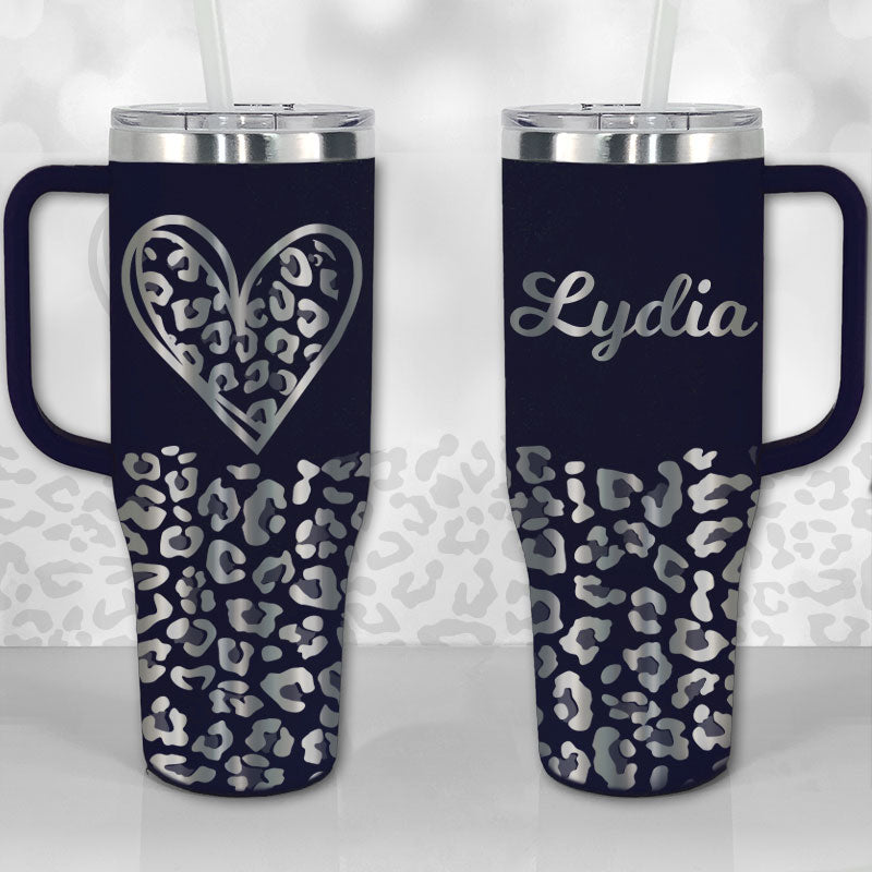 Personalized 40 oz Tumbler with Handle - Leopard Print Monogram or Name