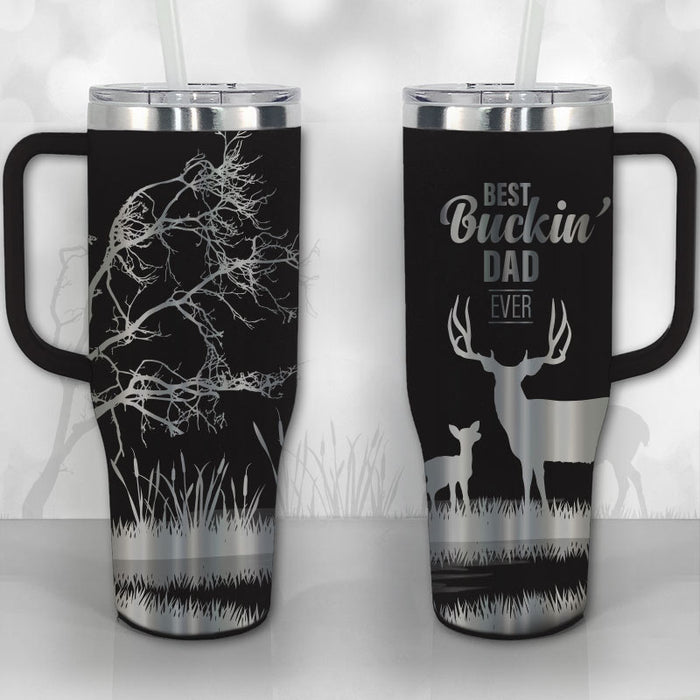 Best bucking dad ever personalized engraved tumbler - choose 8 colors and add papa, uncle, brother, bonus dad, step dad or just a name or monogram. 40 oz capacity travel tumbler with handle.
