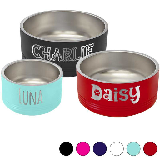 custom personalized pet bowl, dog food dish, cat water bowl, powder coated stainless steel non-slip pet bowls (black, red, blue, pink, white, mint / seafoam)