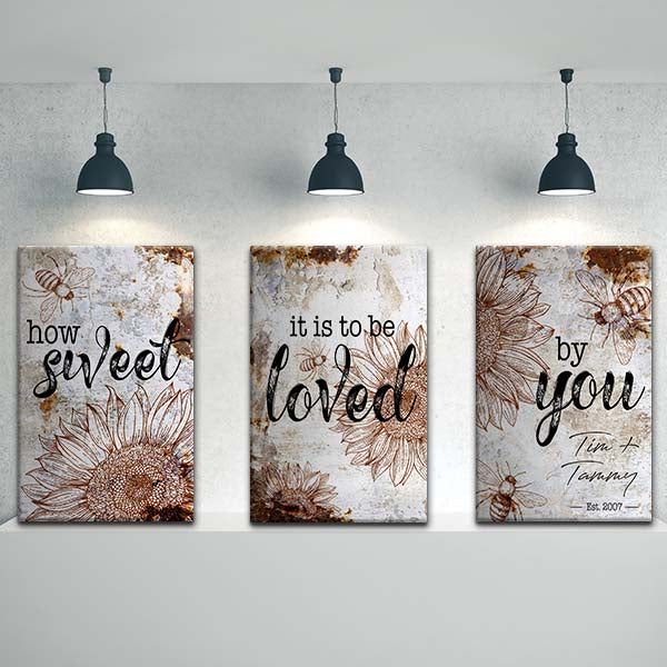 Personalized 3 piece bedroom wall decor - how sweet it is to be loved by you bee and sunflower rusty distressed paint personalized bedroom art for couples