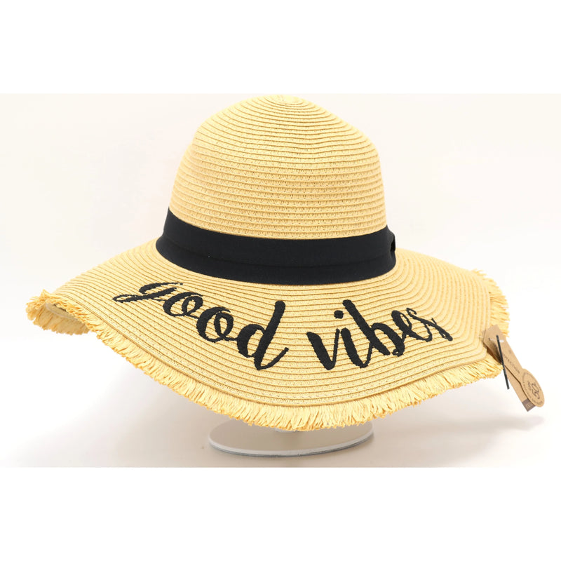 CC Beanie Floppy Distressed Sun Hat Good Vibes Embroidered Vacation Garden