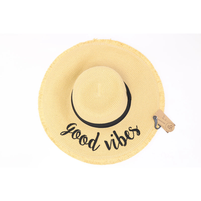 CC Beanie Floppy Distressed Sun Hat Good Vibes Embroidered Vacation Garden