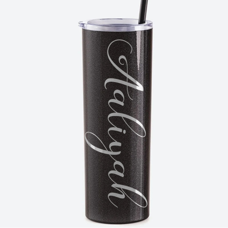 Personalized Script Name Engraved 20 oz Glitter Skinny Tumbler