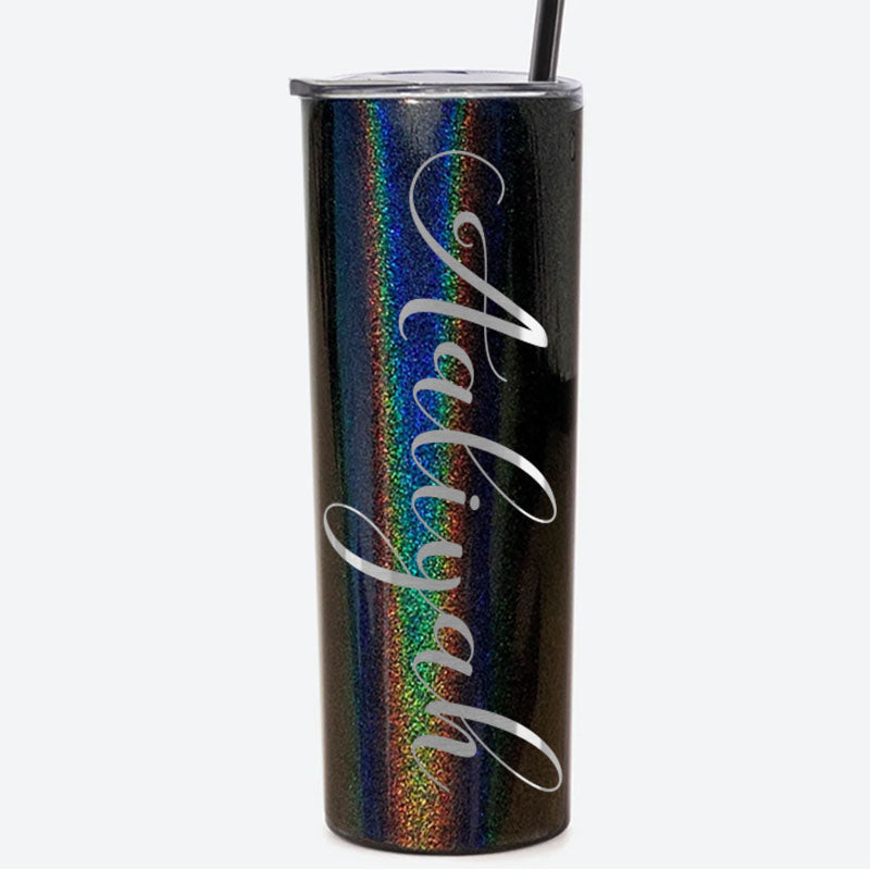 Personalized Script Name Engraved 20 oz Glitter Skinny Tumbler