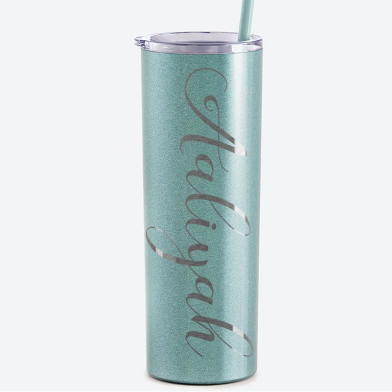 Personalized Script Name Engraved 20 oz Glitter Skinny Tumbler