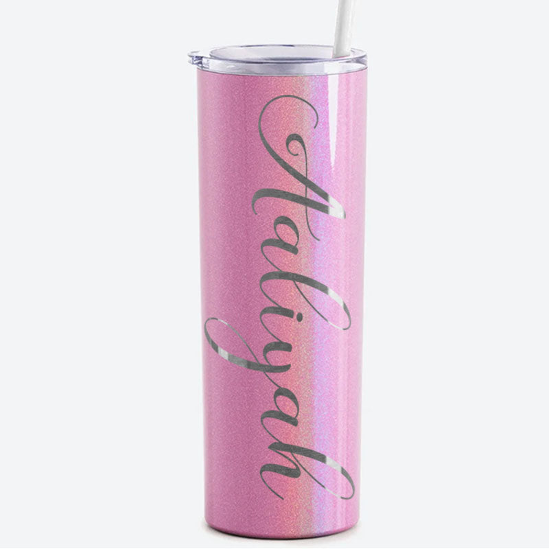 Personalized Script Name Engraved 20 oz Glitter Skinny Tumbler