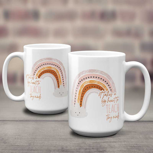 it takes a big heart to teach tiny minds coffee mug with retro rainbow and happy cloud design, pink and burnt orange