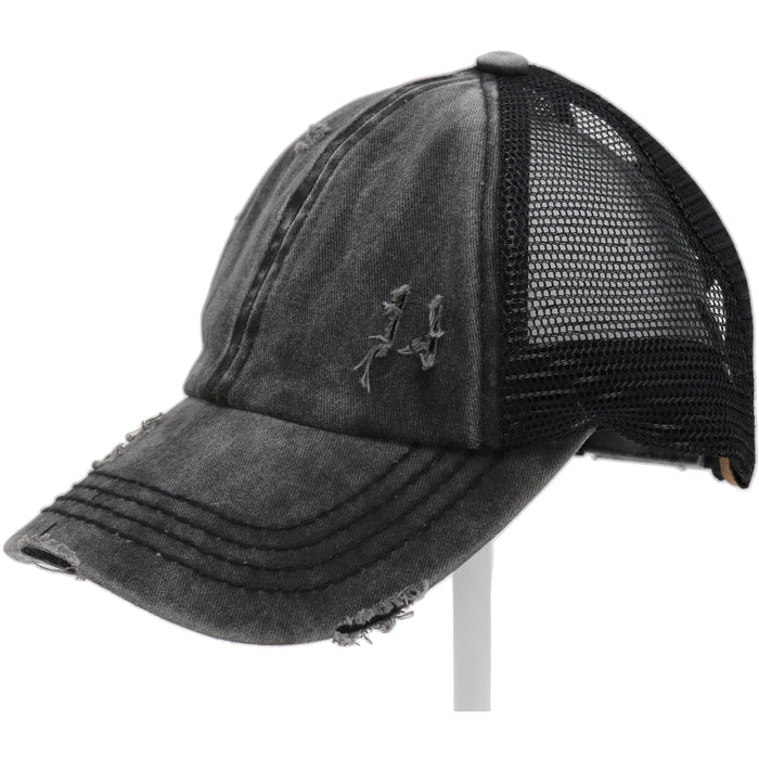 Authentic CC Beanie Criss Cross Distressed Denim Ponytail Hat