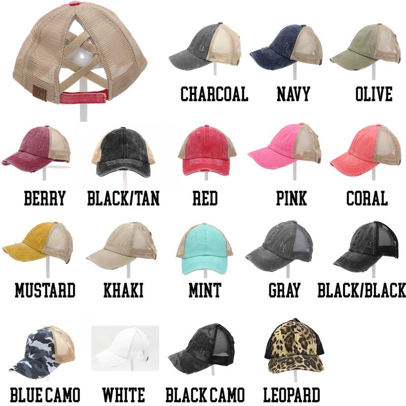 CC Beanie Distressed Wash Criss-Cross Ponytail Hats Ball Caps Women's Mesh Velcro Clearance Sale Cheap Bulk Wholesale Prices