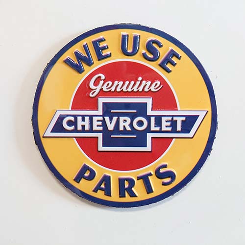 CHEVROLET WE USE GENUINE PARTS EMBOSSED TIN MAGNET