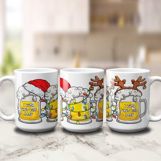 15 oz ceramic funny coffee mug - I wish this was beer." This cute coffee cup is a festive way to let them know some days it's never too early to swap caffeine for alcohol. Fun Santa hat, reindeer antler, and Christmas light design.