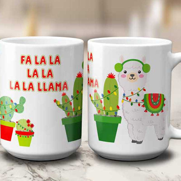Funny Christmas Mug - Fa La La La Llama with cute Cactus and Christmas Lights - adorable coffee cup