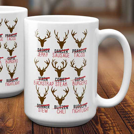 Hilarious Christmas Mug - Reindeer Names Replaced with Cuts of Meat - Perfect Christmas Gift for Hunters